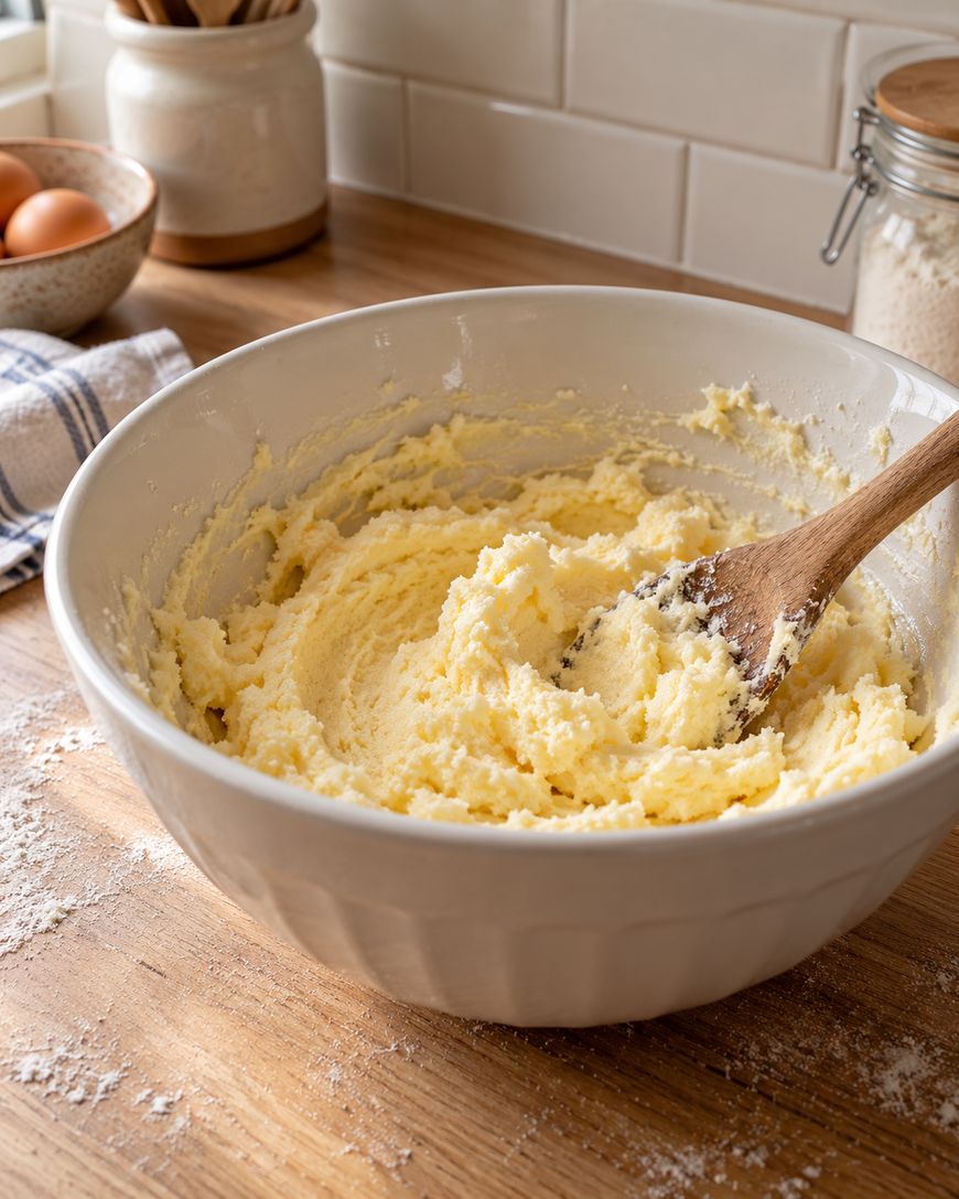 A wooden spoon stirs pale, creamy batter in a white mixing bowl on a floured wooden surface.