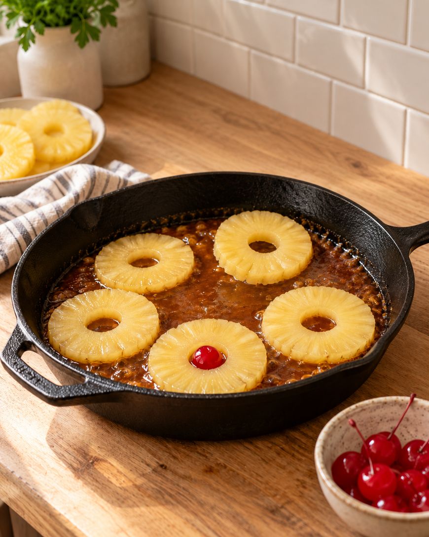 Cast-iron skillet containing pineapple rings and a single maraschino cherry in a brown sugar glaze, with a bowl of cherries and extra pineapple rings nearby.