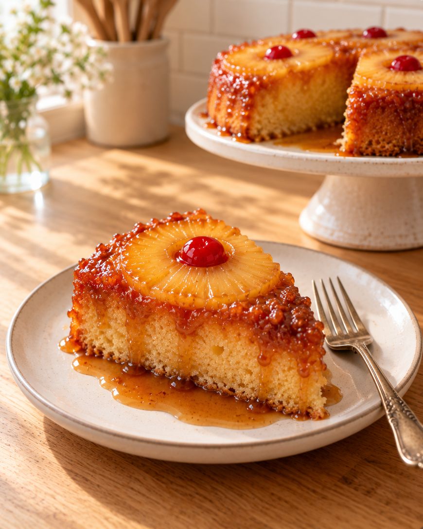 A slice of pineapple upside-down cake topped with a maraschino cherry on a plate, with a whole cake on a stand in the background.