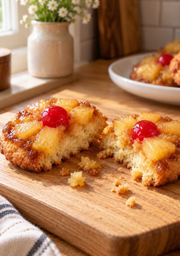 A split pineapple upside-down cookie topped with a maraschino cherry on a wooden cutting board.