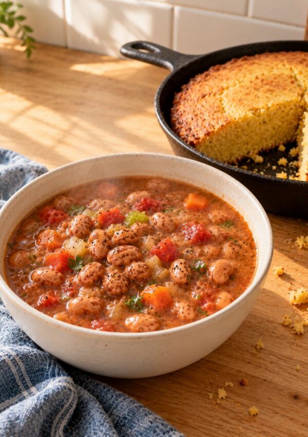 A bowl of bean and vegetable soup next to a cast-iron skillet of cornbread.