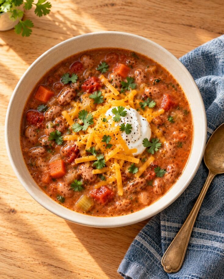 A bowl of bean soup topped with shredded cheddar cheese, a dollop of sour cream, and fresh cilantro.