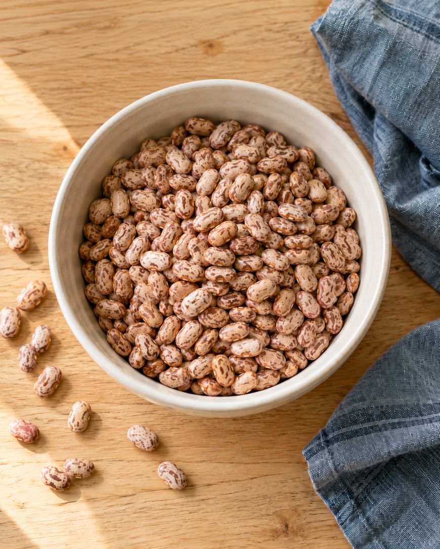 A bowl filled with dried pinto beans sits on a wooden surface next to a blue cloth.