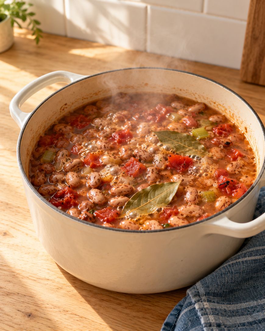 A white dutch oven filled with simmering tomato and bean stew garnished with bay leaves.