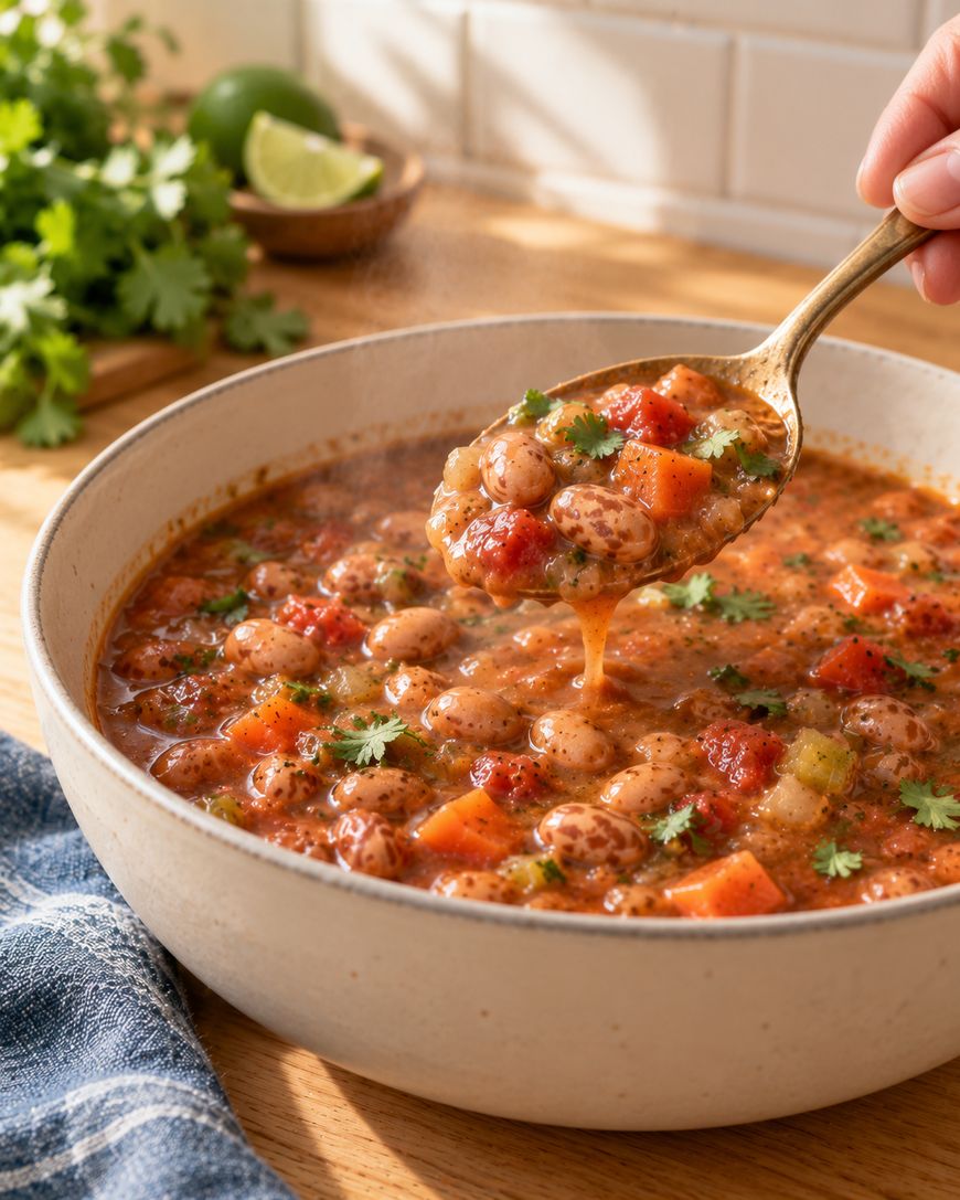 A spoonful of bean and vegetable soup held over a bowl.