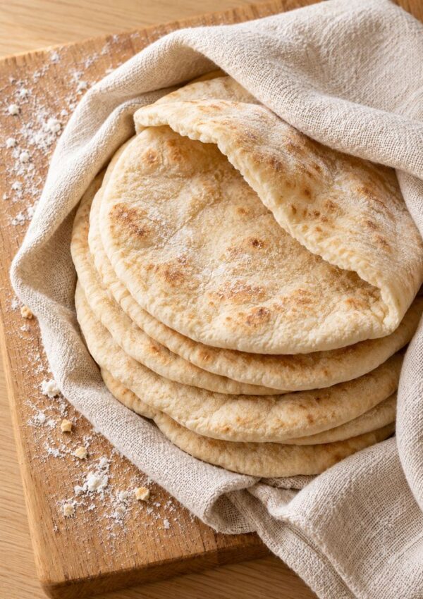 A stack of warm pita bread wrapped in a linen cloth on a wooden cutting board.