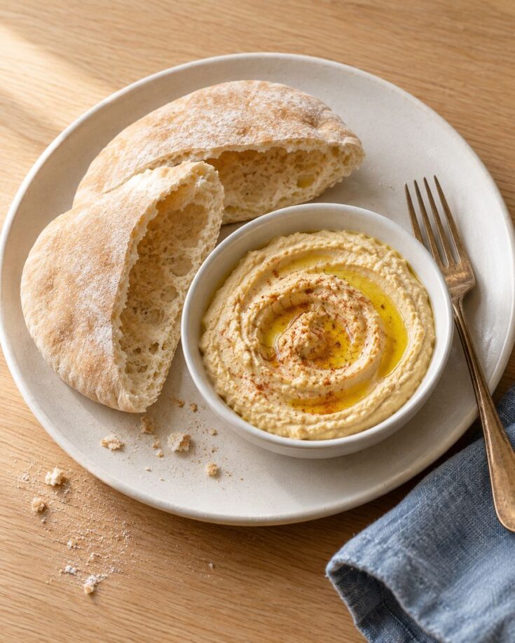 A bowl of hummus drizzled with olive oil and sprinkled with paprika, served with two pieces of pita bread on a plate with a fork.