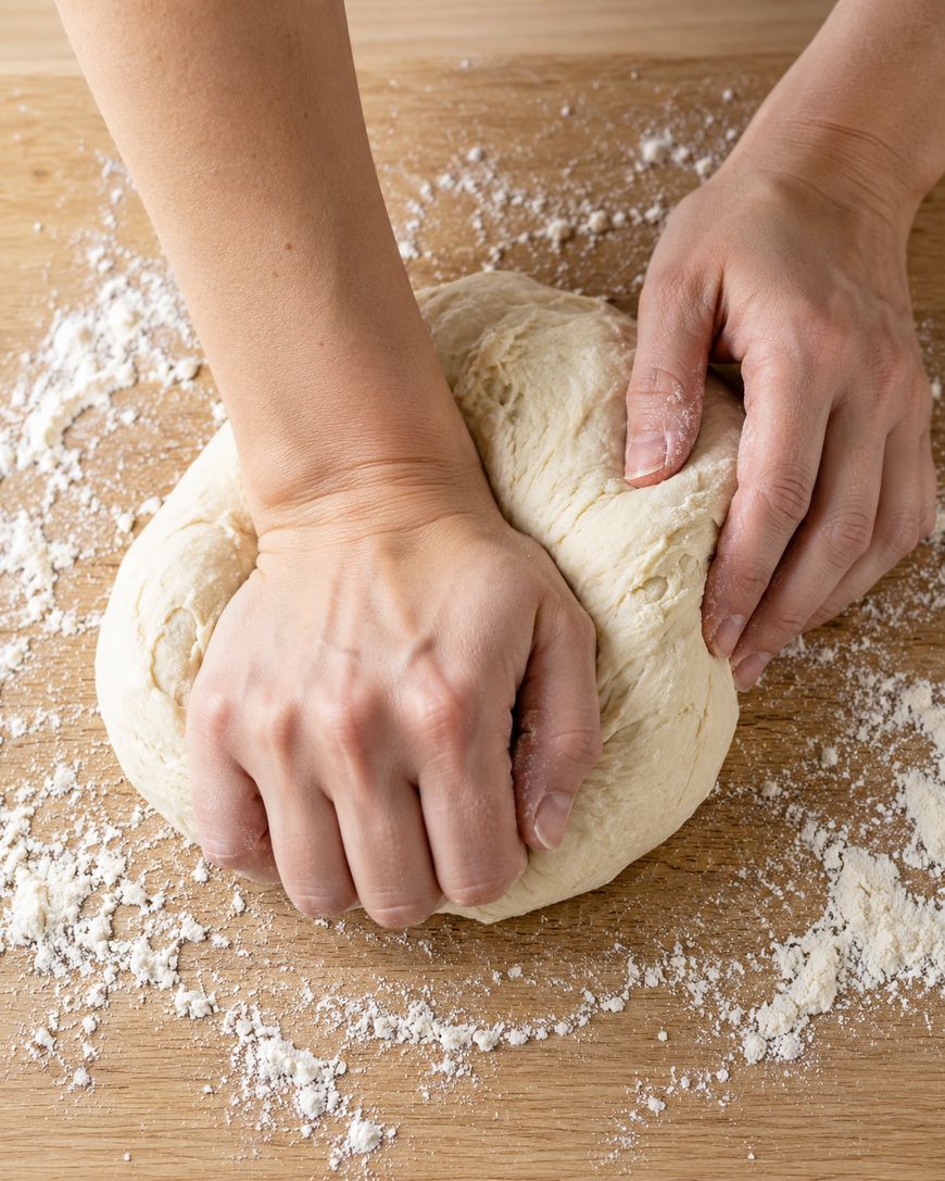 Hands kneading a ball of dough on a floured wooden surface.