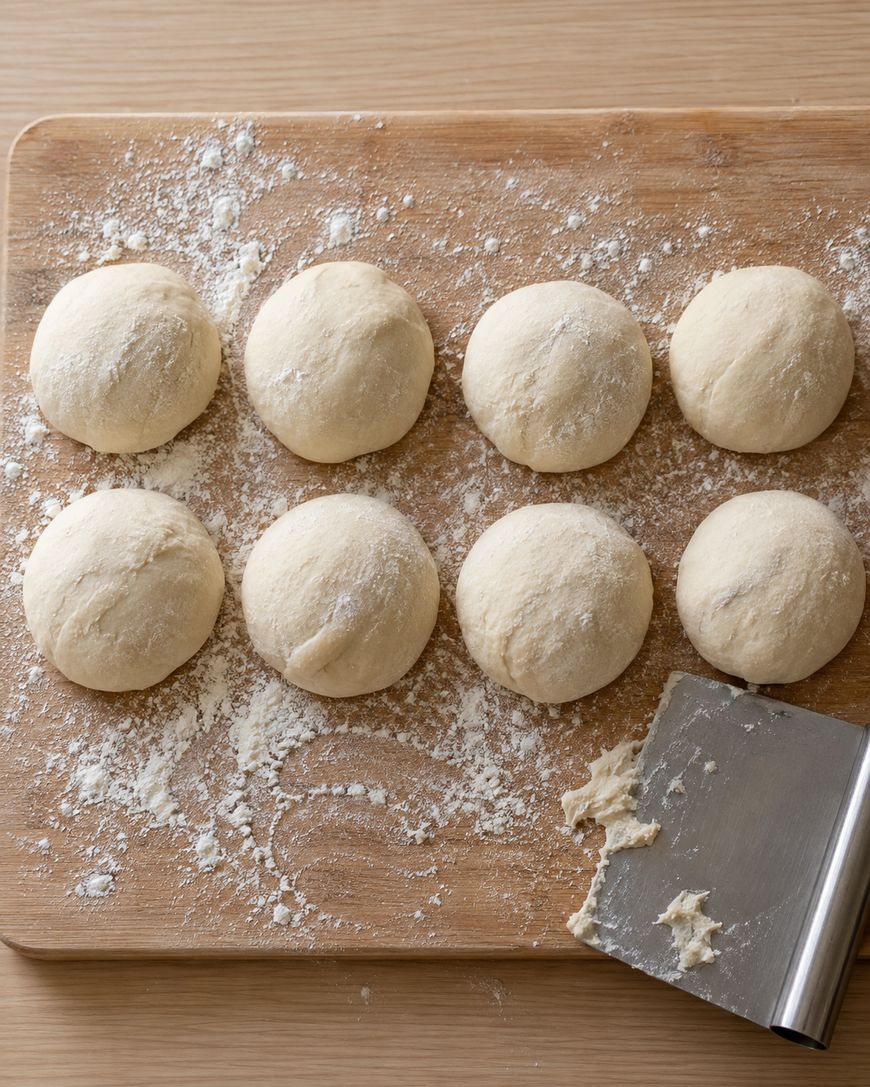 Eight balls of raw dough arranged on a floured wooden cutting board with a metal bench scraper.