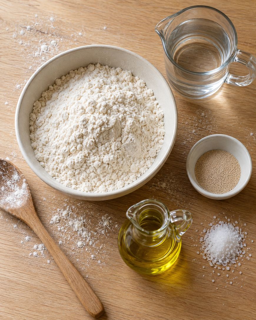A bowl of flour, a small bowl of yeast, a pile of salt, a glass pitcher of water, and a glass cruet of oil on a wooden surface with a wooden spoon.