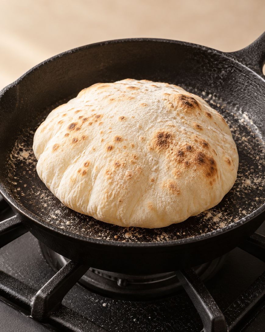 A puffed pita bread cooking in a cast-iron skillet on a stovetop.