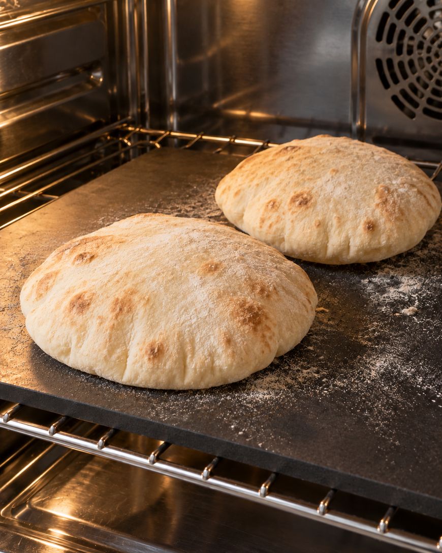Two rounds of pita bread baking on a stone in an oven.