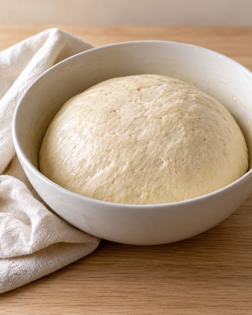 A round ball of proofing bread dough in a white bowl next to a folded cloth napkin on a wooden surface.