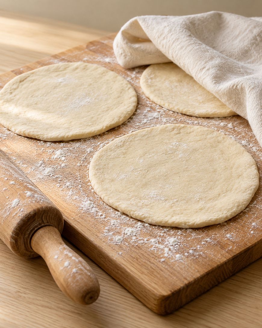 Three discs of raw pizza dough on a floured wooden cutting board next to a rolling pin.