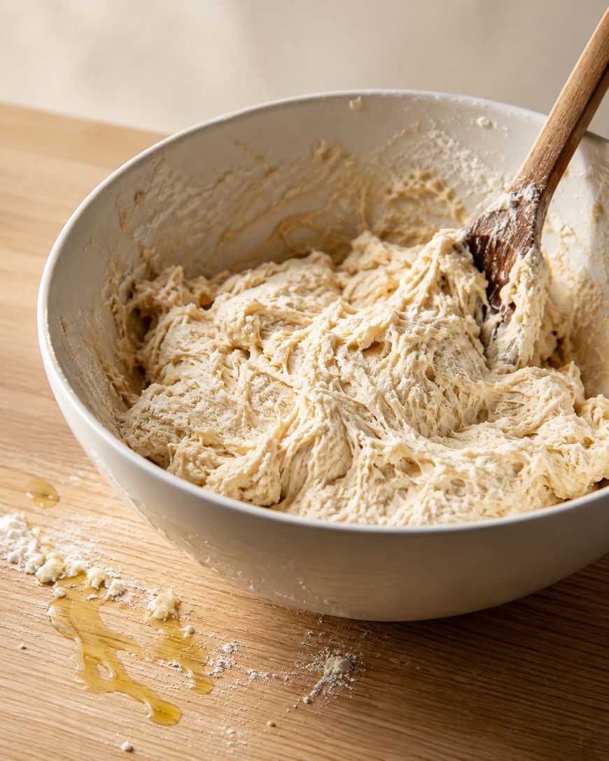 A wooden spoon mixes sticky bread dough in a large white bowl on a wooden surface with a puddle of oil and a dusting of flour.