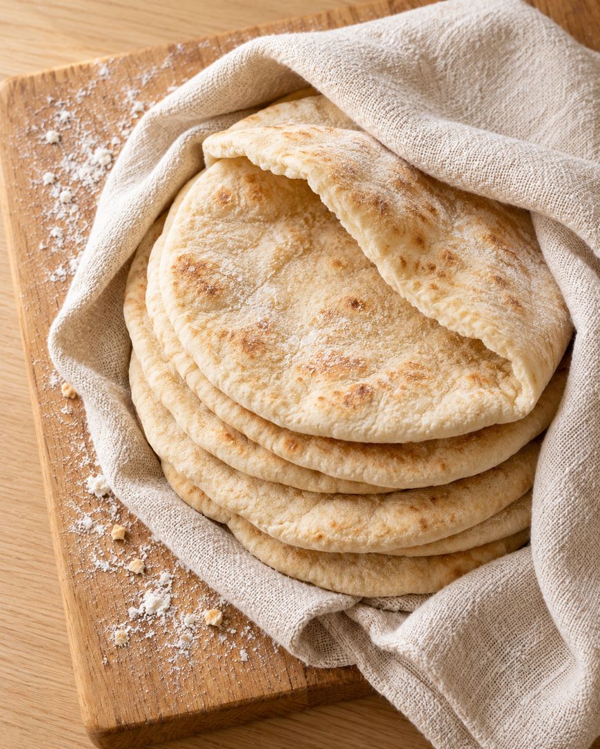 A stack of pita bread wrapped in a linen cloth on a wooden cutting board with a dusting of flour.