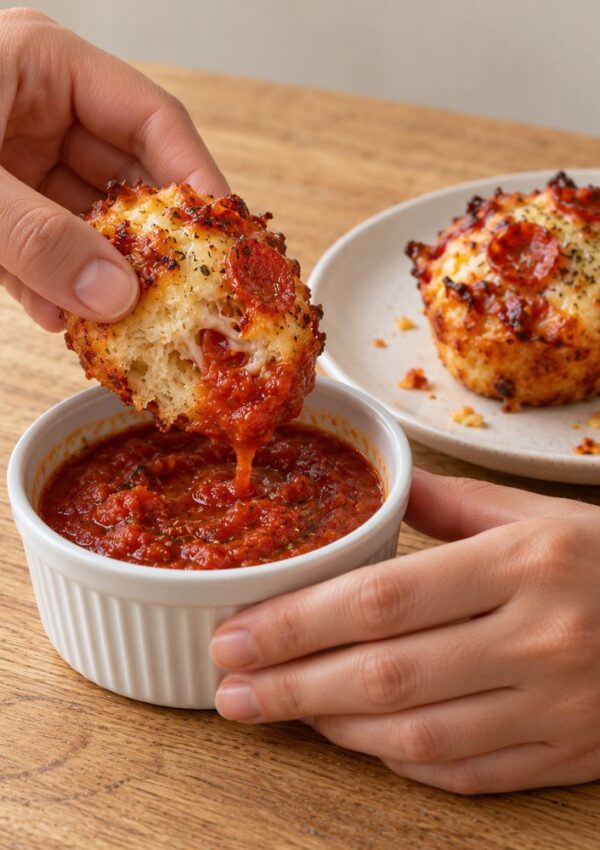 A hand dips a piece of cheesy pepperoni pizza muffin into a small bowl of tomato dipping sauce.