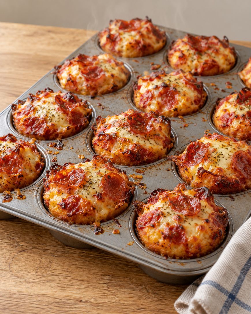 A muffin tin filled with freshly baked pizza muffins topped with melted cheese and pepperoni.