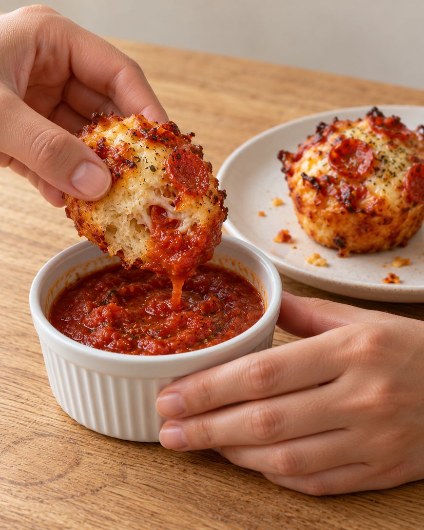 A hand dips a piece of pepperoni pizza muffin into a small bowl of marinara sauce.