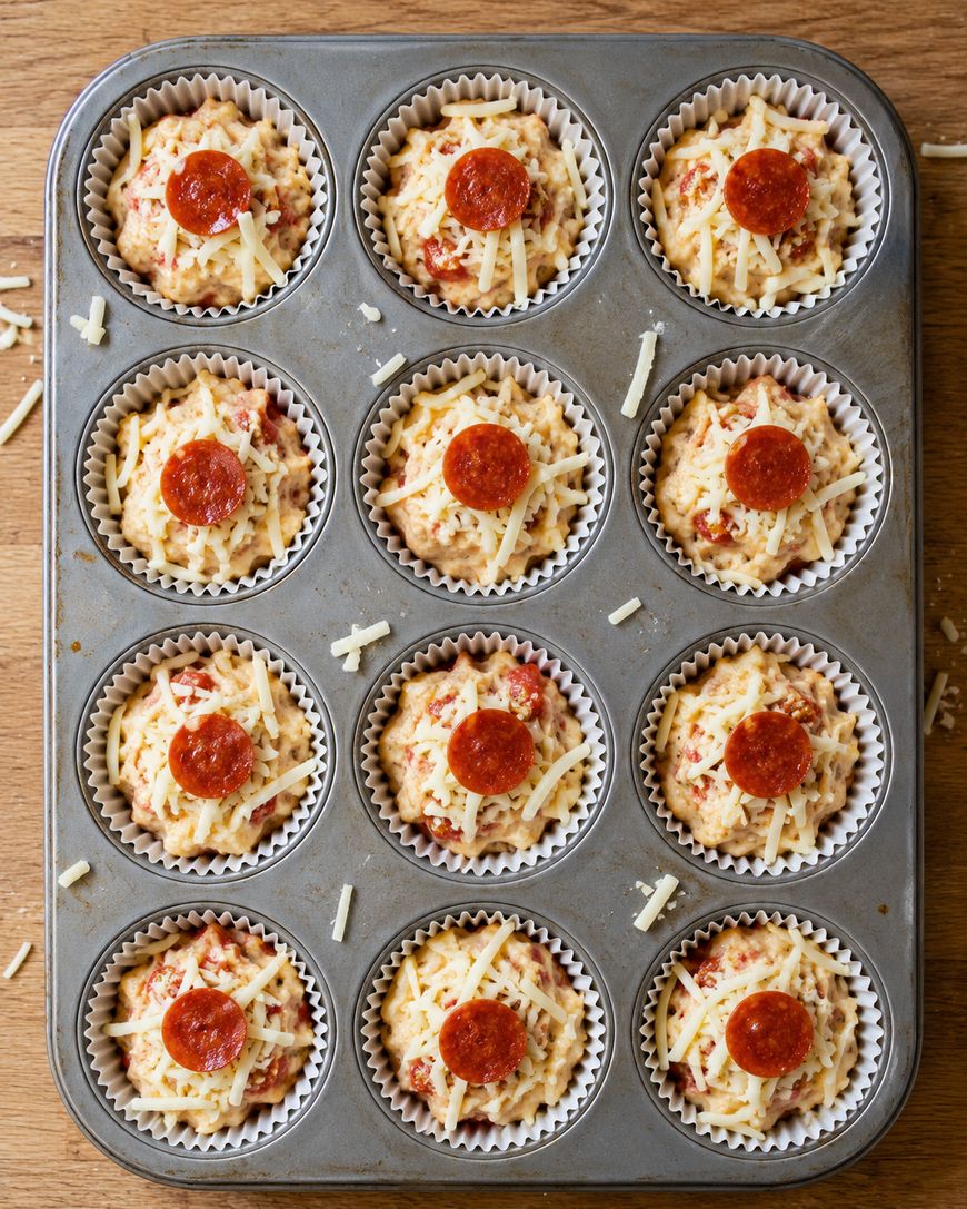 A muffin tin filled with twelve pizza-flavored muffin bites topped with shredded cheese and a single slice of pepperoni each.