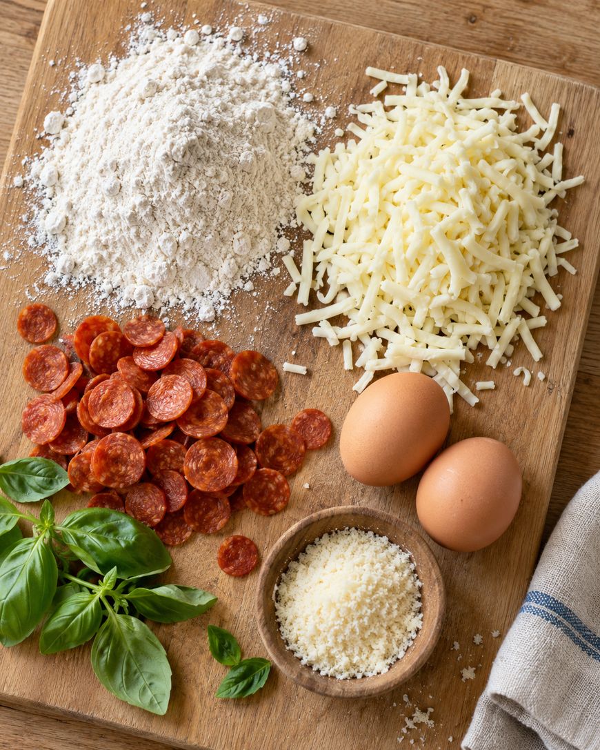A wooden cutting board topped with piles of flour, shredded mozzarella, pepperoni slices, two whole eggs, a small bowl of grated parmesan, and fresh basil leaves.