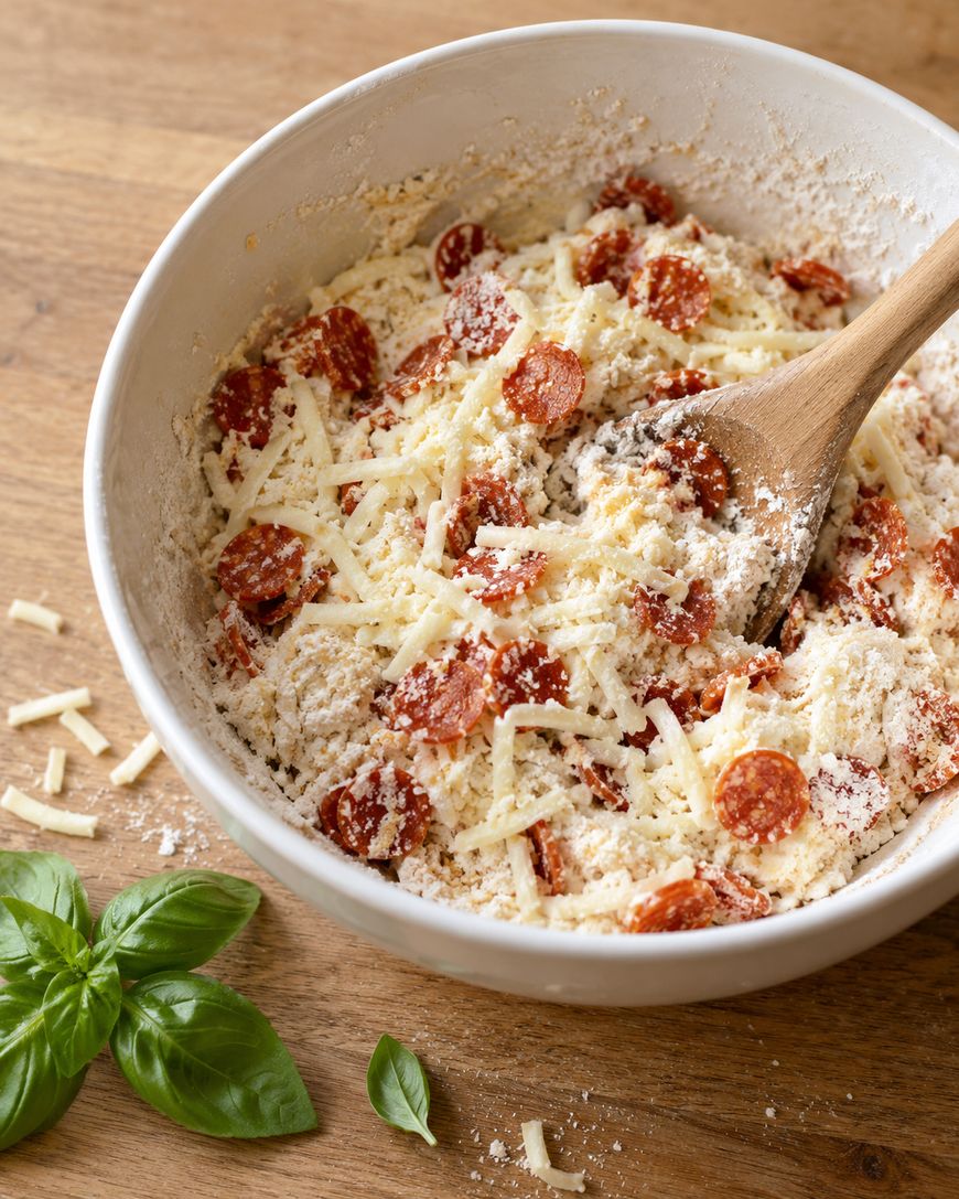 A white mixing bowl containing a flour mixture, shredded cheese, and pepperoni slices, with a wooden spoon in the center and fresh basil leaves on the wooden surface nearby.