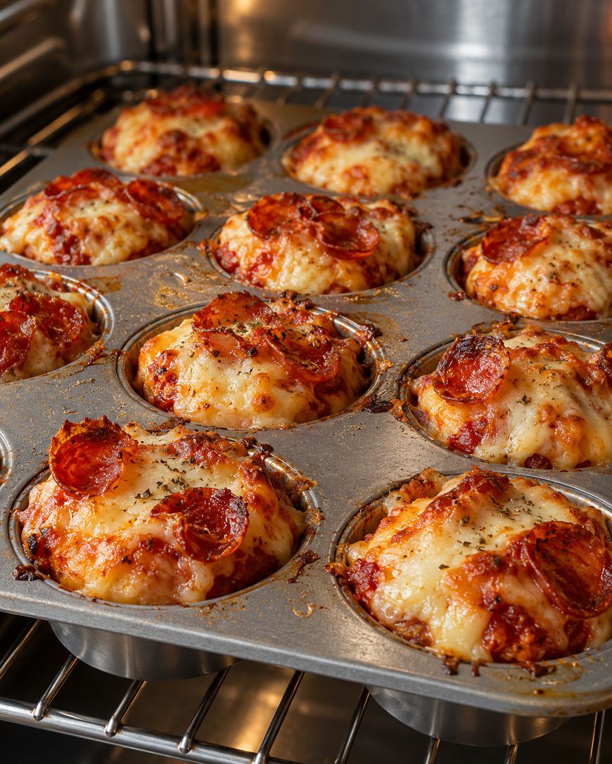 A metal muffin tin in an oven containing several baked pizza bites topped with melted cheese and pepperoni.