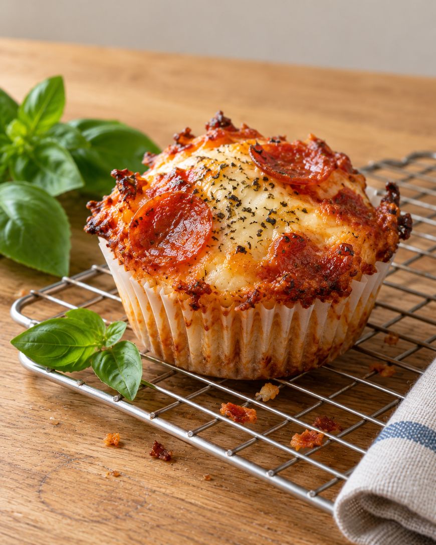 A savory pizza muffin topped with pepperoni and herbs, sitting on a wire cooling rack next to fresh basil leaves.