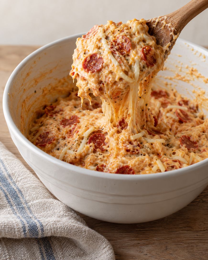 A wooden spoon lifting a scoop of cheesy pizza dip with pepperoni from a large white bowl.