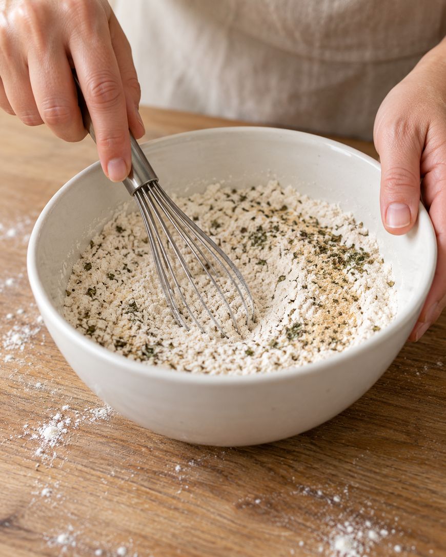 Hands whisk a mixture of flour and herbs in a ceramic bowl.