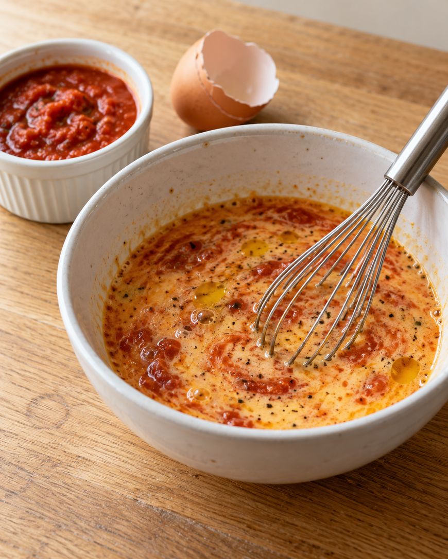 A whisk in a bowl of beaten eggs mixed with red sauce, with a small ramekin of red sauce and an eggshell nearby.