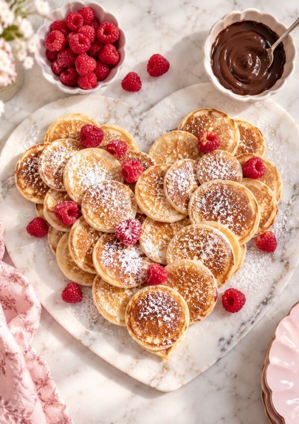 A heart-shaped serving board piled with mini pancakes sprinkled with powdered sugar and fresh raspberries, accompanied by bowls of raspberries and chocolate sauce.