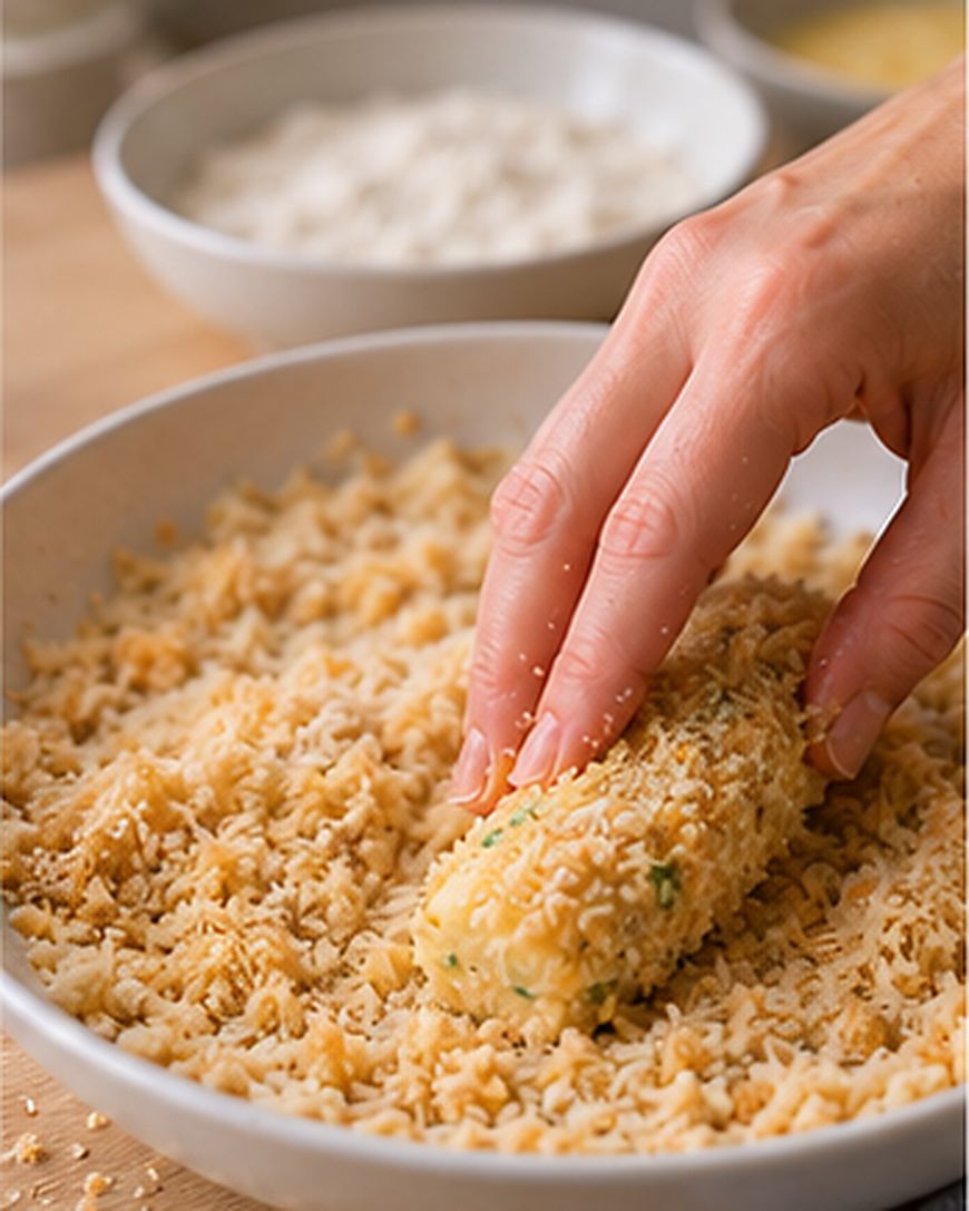 A hand rolls a breaded food item in a bowl of breadcrumbs, with blurred bowls of ingredients in the background on a wooden surface.