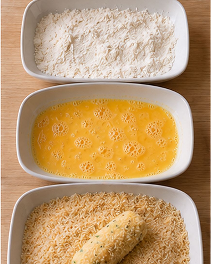Three white dishes hold flour, beaten eggs, and breadcrumbs. A food item, partially breaded, is in the breadcrumb dish, showing the process of coating food before frying or baking.