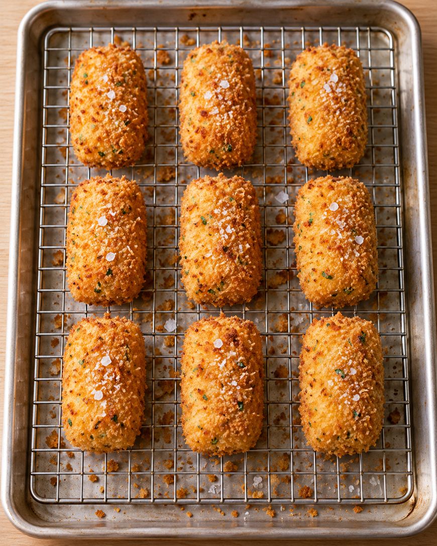 Nine golden, crispy croquettes sprinkled with flaky salt are arranged in three rows on a metal cooling rack over a baking tray.