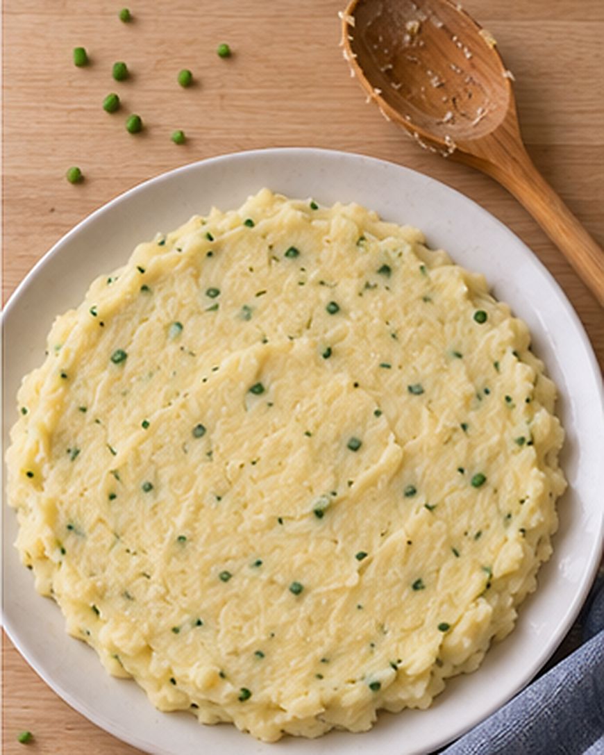 A plate of mashed potatoes garnished with chopped chives sits on a wooden table, with a wooden spoon and a few green peas scattered nearby.
