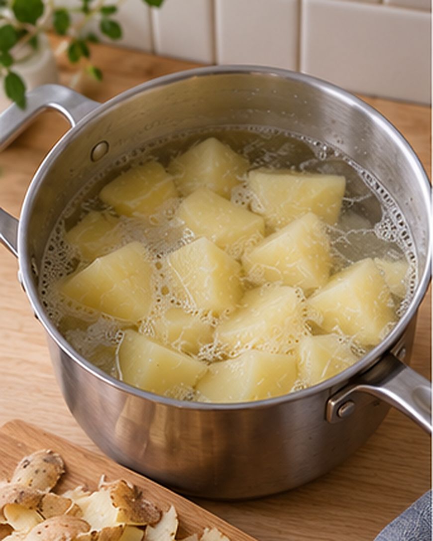A stainless steel pot filled with peeled, chopped potatoes boiling in water sits on a wooden countertop. Potato peels and a peeler are visible nearby.