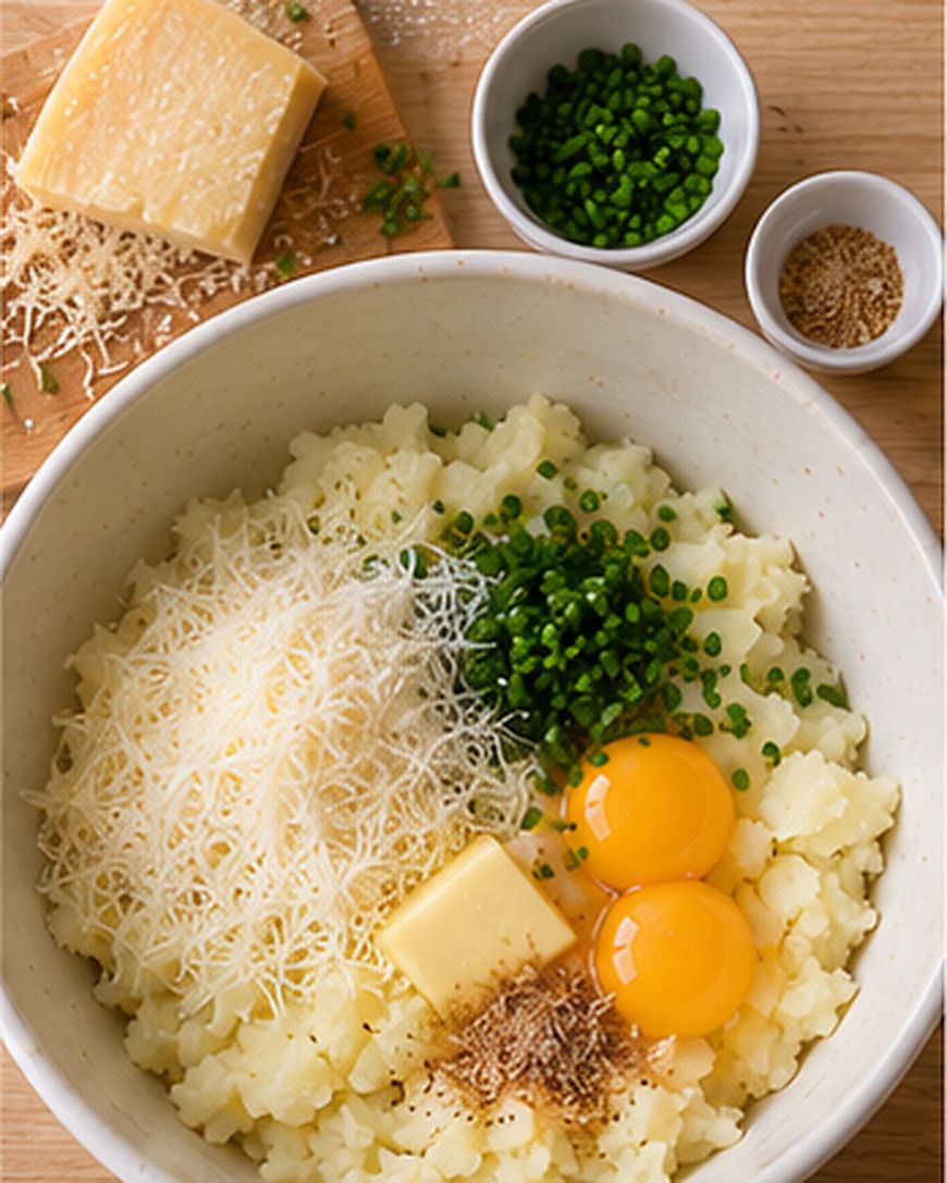 A bowl with mashed potatoes, grated cheese, chopped chives, two egg yolks, butter, and pepper. Nearby are bowls of more chives, ground pepper, and cheese on a wooden cutting board.