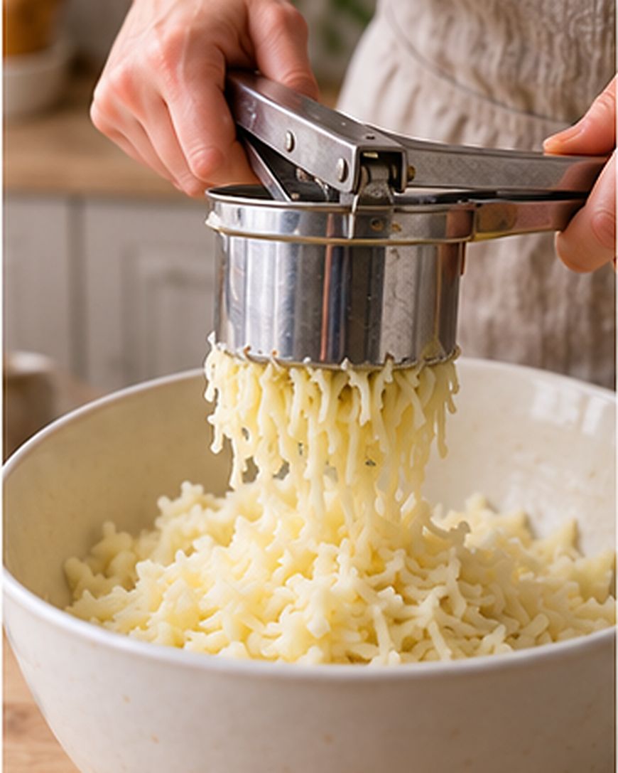 Hands pressing boiled potatoes through a metal potato ricer into a white bowl, creating thin, noodle-like potato strands.