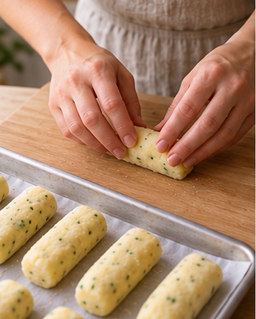 A person rolls dough with herbs on a wooden board, forming cylindrical shapes. Several dough rolls are arranged neatly on a parchment-lined baking tray nearby.