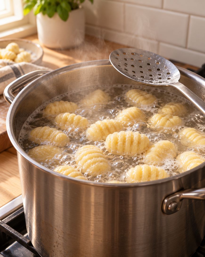 A stainless steel pot of gnocchi boils on a stove, with steam rising and a slotted spoon resting on the pots edge. Sunlight shines in from a nearby window, and a plate of gnocchi is in the background.