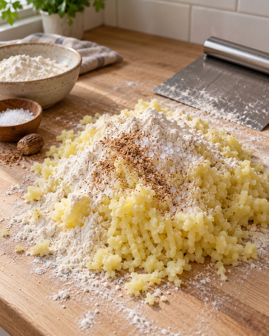 A pile of riced potatoes, flour, salt, and nutmeg sits on a wooden counter, ready to be mixed. A bowl of flour, a bowl of salt, and a dough scraper are nearby.