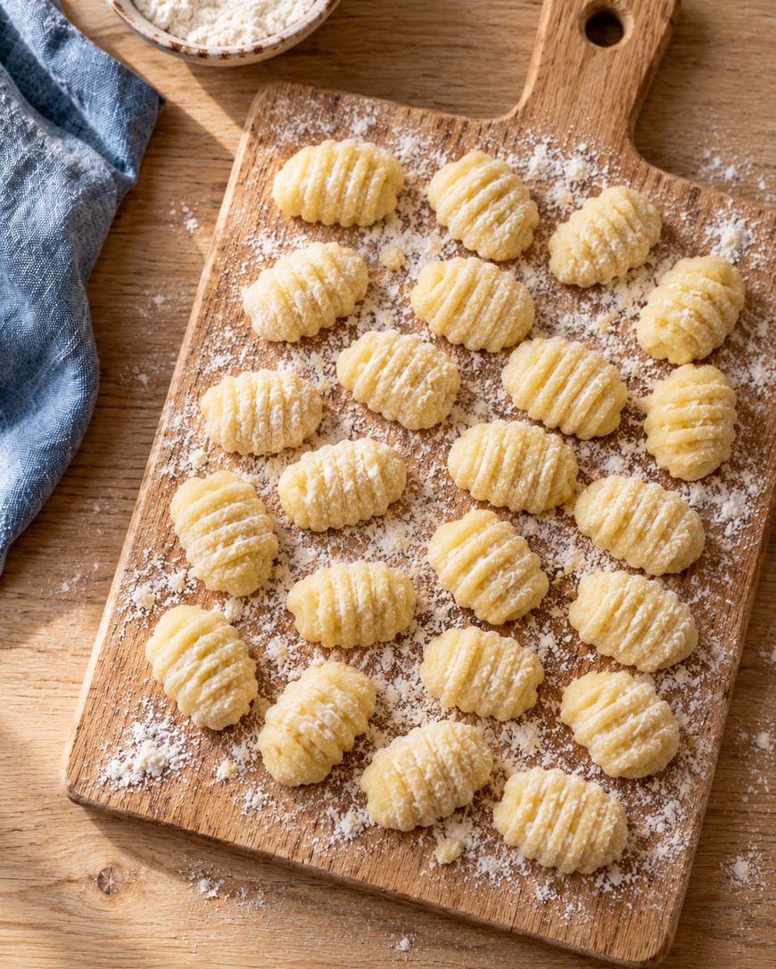 Uncooked gnocchi pieces dusted with flour are arranged neatly on a wooden cutting board, ready for cooking. A blue cloth and a bowl of flour are nearby on the wooden table.