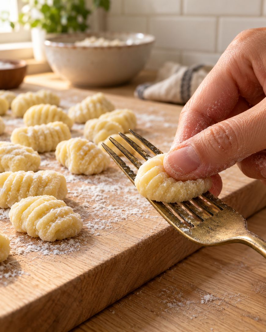A hand presses a fork into a piece of uncooked gnocchi dough on a floured wooden board, shaping ridges. More gnocchi pieces and bowls are visible in the softly lit kitchen background.
