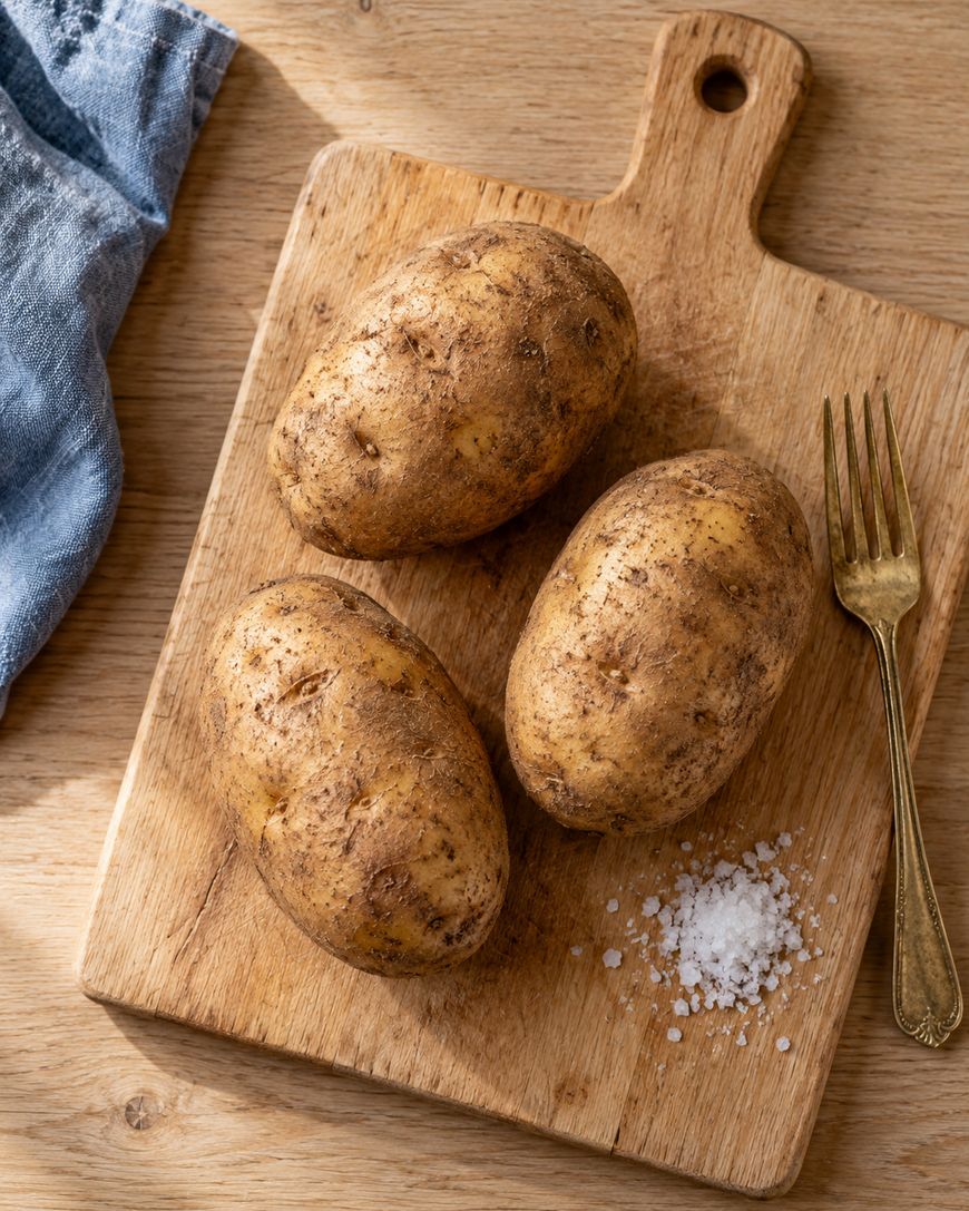 Three unpeeled potatoes on a wooden cutting board with a small pile of coarse salt and a gold fork. A blue cloth is partially visible on the left side of the board.