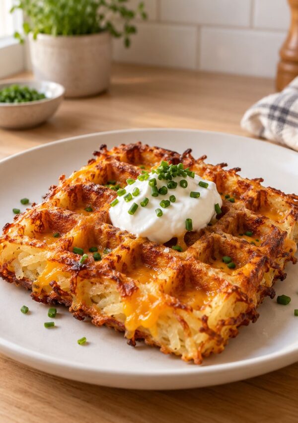 A crispy hash brown waffle topped with sour cream and chopped chives sits on a white plate, with a bowl of chives and a plant in the background on a wooden table.