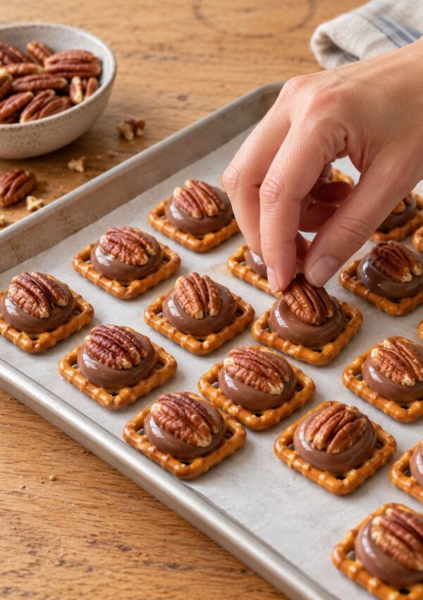 A hand places a pecan half onto a chocolate-topped pretzel square on a baking sheet.