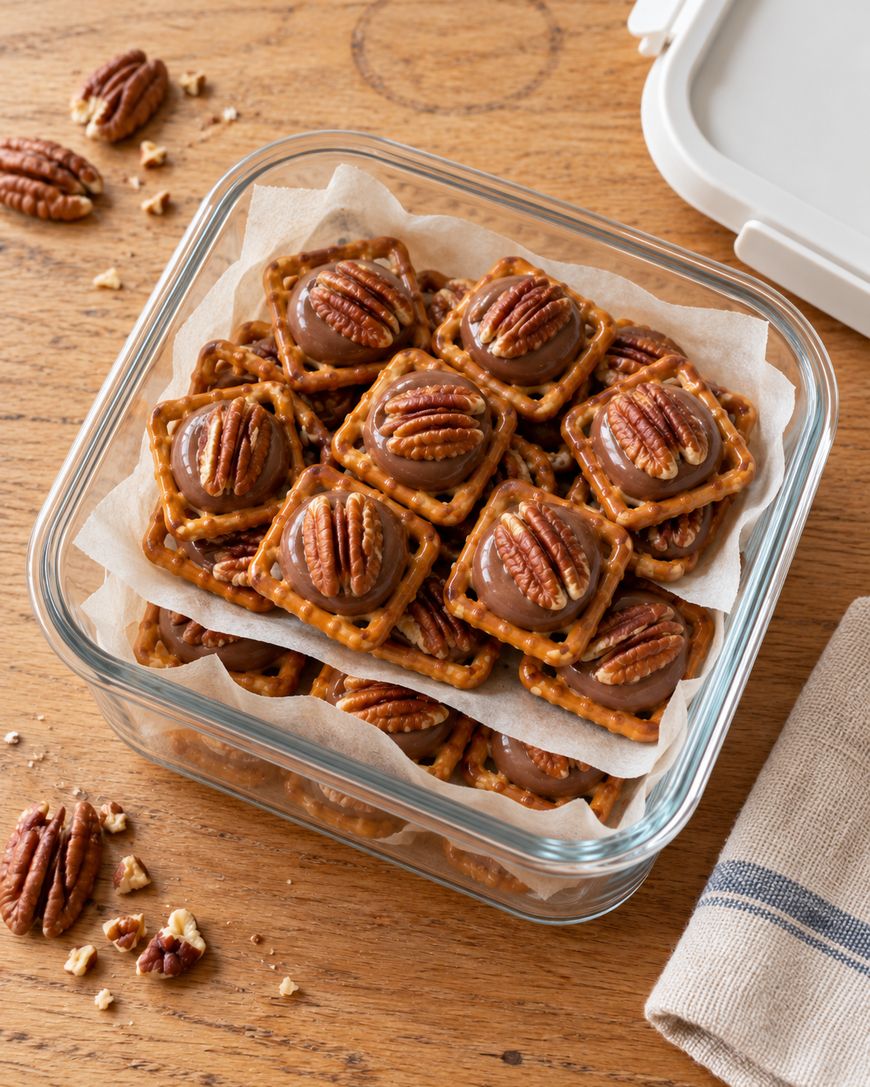 A glass container filled with square pretzel crackers topped with chocolate and pecan halves.
