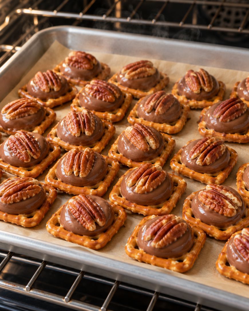 A baking sheet of square pretzels topped with chocolate rounds and a single pecan, inside an oven.