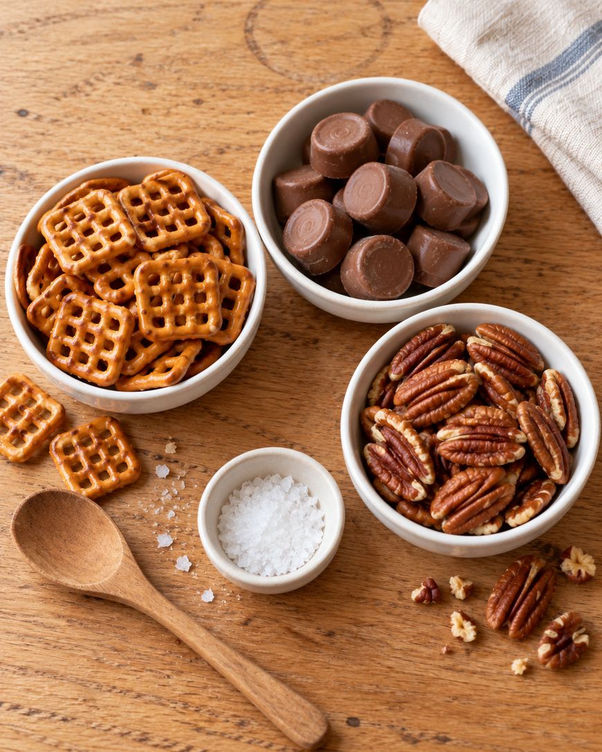 Three white bowls on a wooden table, one containing grid-shaped pretzels, one with chocolate drops, and one with pecans, alongside a small bowl of coarse salt and a wooden spoon.